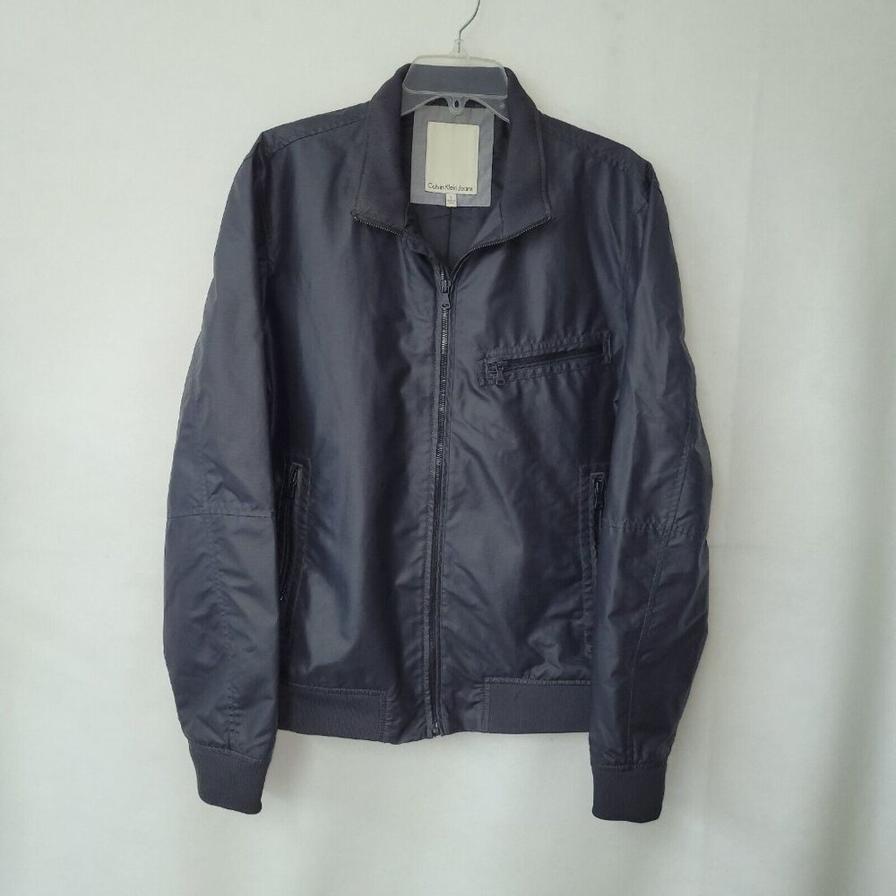 Calvin Klein Jeans Jacket Mens L Black Nylon Bomber Full Zip‎ Zipper Pockets
